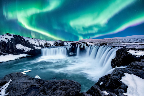 Iceland northern lights waterfall